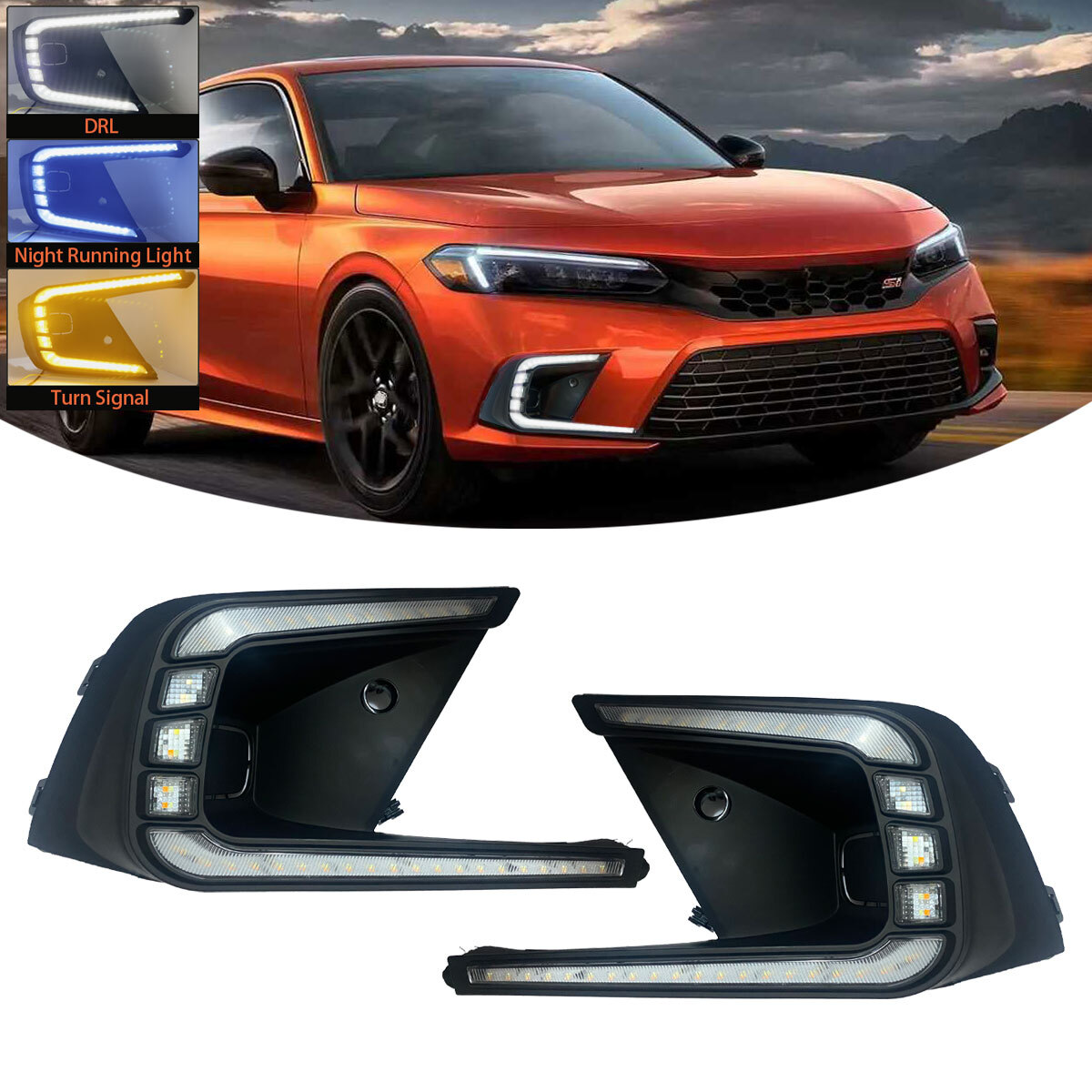 For 11th Gen 2022-2024 Honda Civic Driving LED DRL Fog Daytime Running Lights