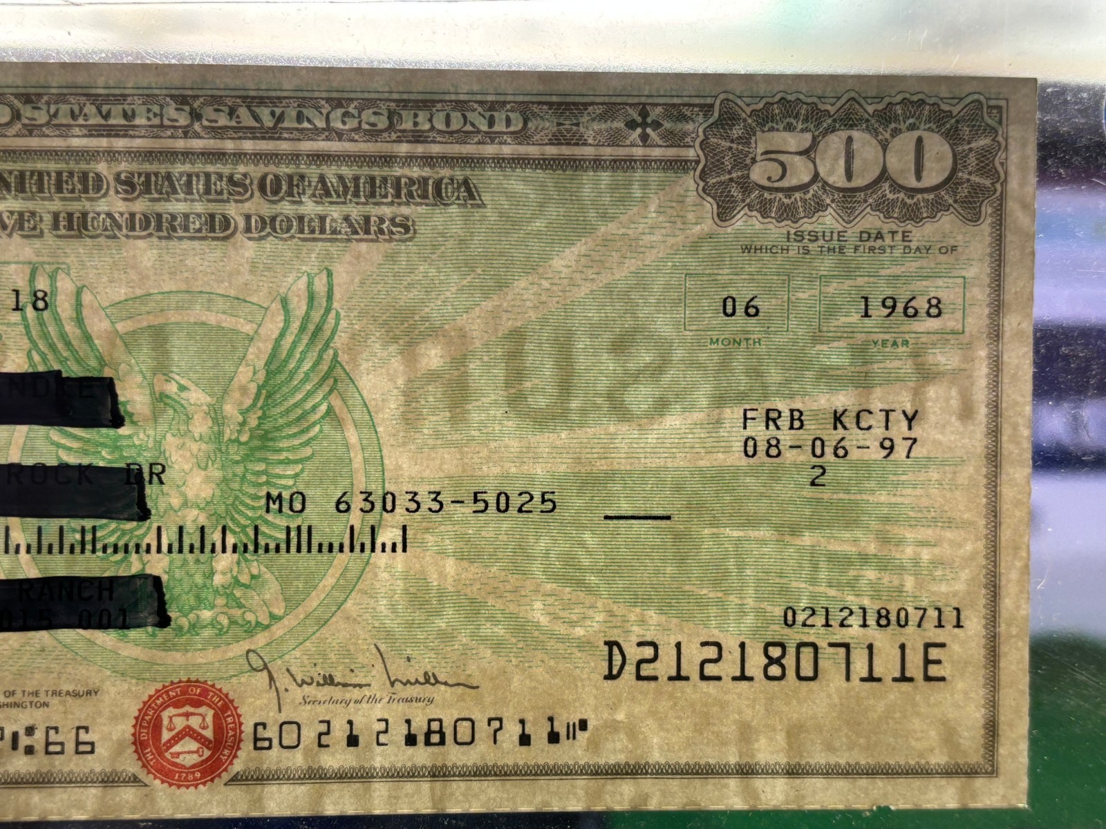 1968 Series E $500 SAVINGS BOND Woodrow Wilson MARKER NOT ON BOND Kansas City