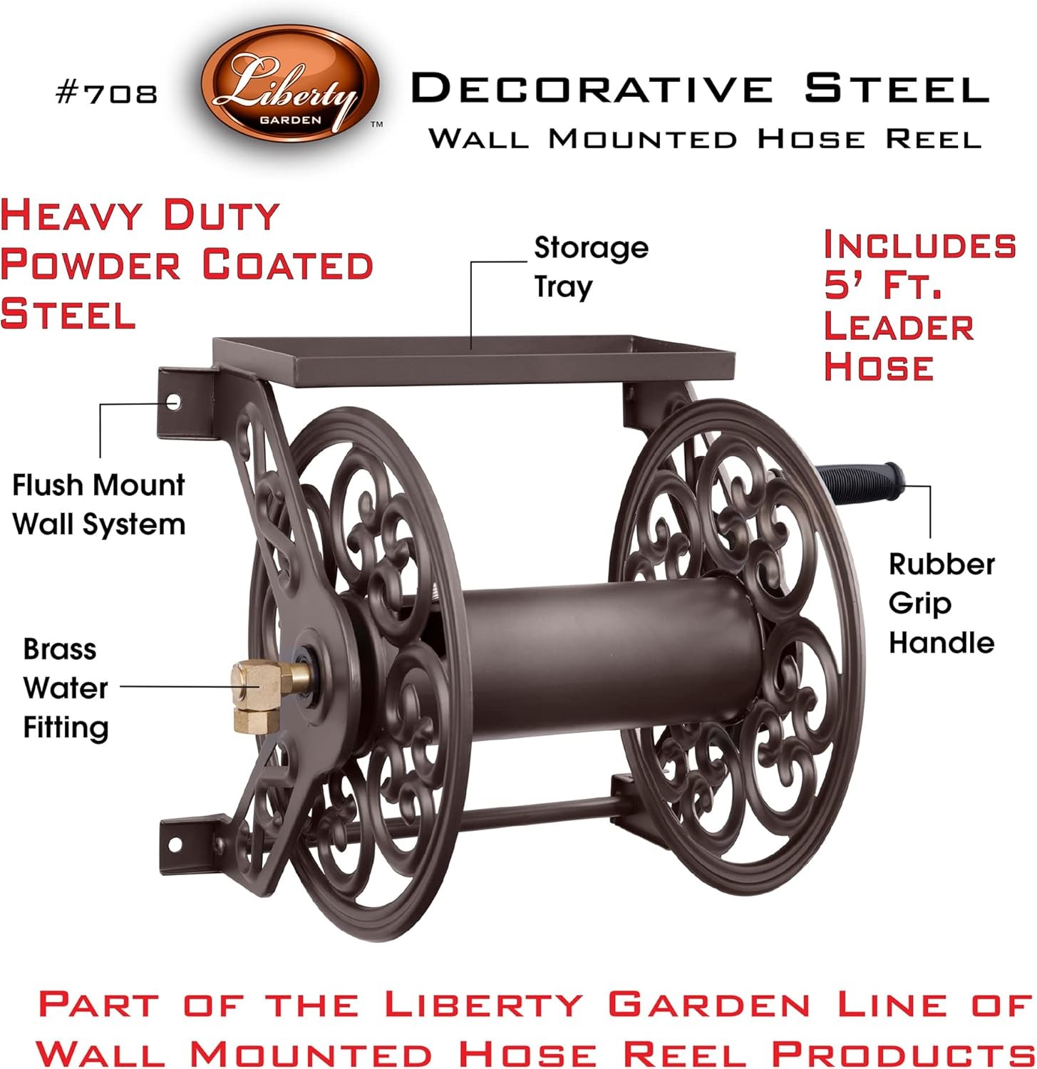 Liberty Garden 708 Steel Decorative Wall Mount Garden Hose Reel, Holds 125-Feet