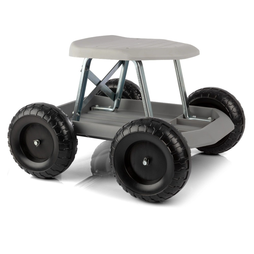 Pure Garden Gardening Stool - Rolling Garden Seat with Tray (Gray)
