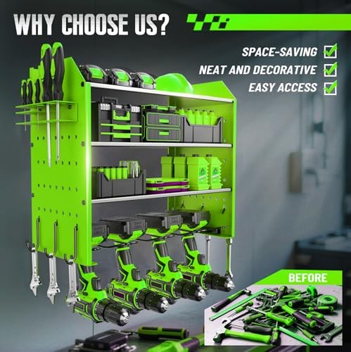 Power Tool Organizer Wall Mount with Charging Station, 4 Layers Garage Storage