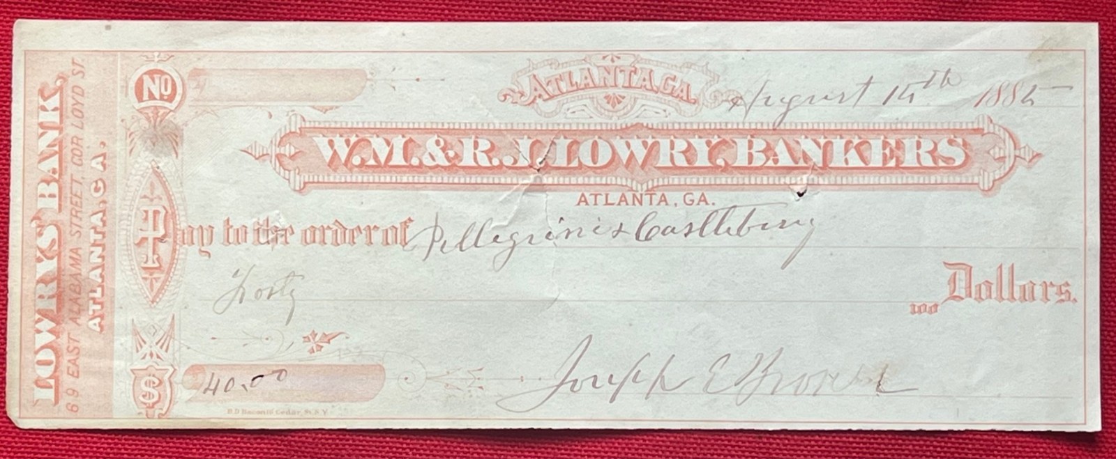 Civil War, Georgia Governor Joseph E. Brown, Personal Check Signed, Rare