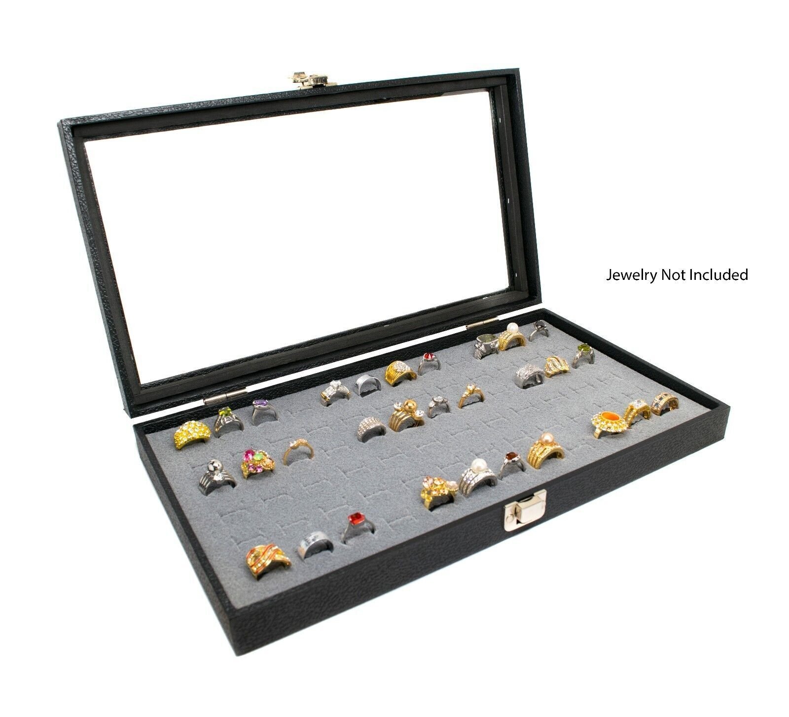 Novel Box Glass Top Black Jewelry Display Case With 36 or 72 Foam Ring Inserts