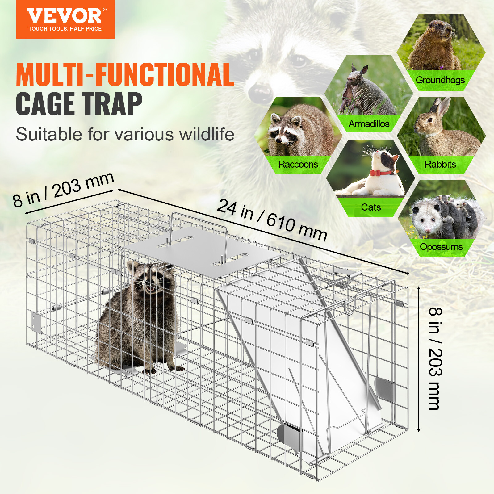 VEVOR Live Animal Cage Trap 24" x 8" x 8" Humane Cat Trap Cats Squirrels Mouse