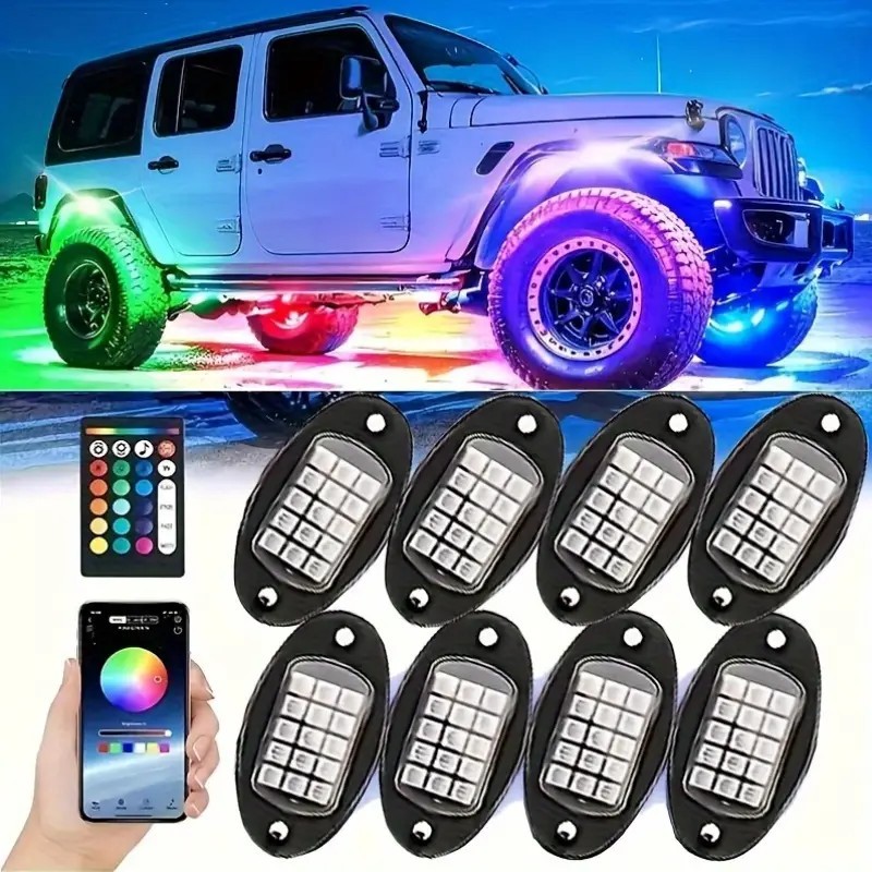 8Pods RGB LED Rock Lights Offroad Music Wireless Bluetooth Underglow Neon Lights