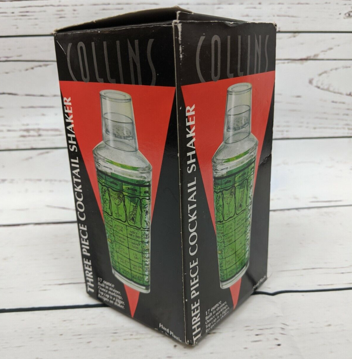 Three Piece Cocktail Shaker Collins Vintage w/Box 17 oz. clear bar drink mixer