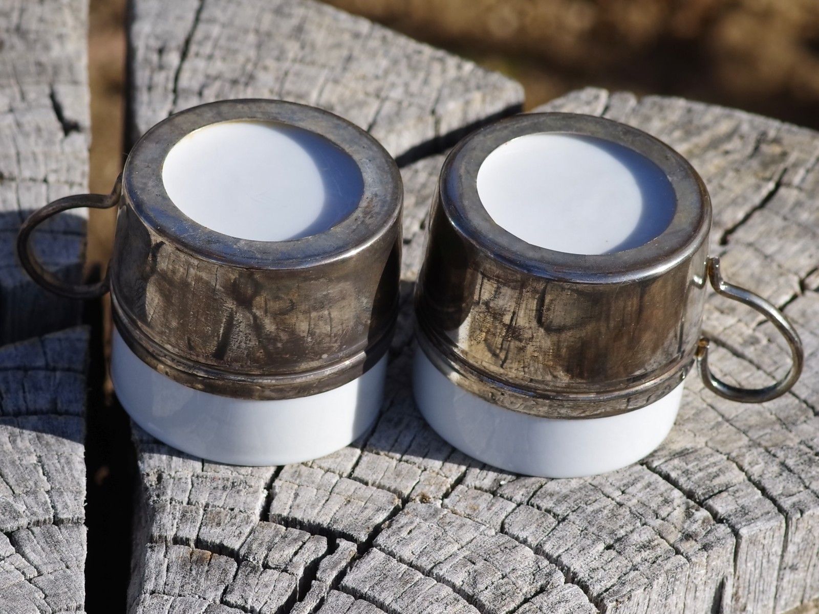 Antique Silverplate Porcelain Demitasse Cup Espresso Set of 2 RARE FIND!