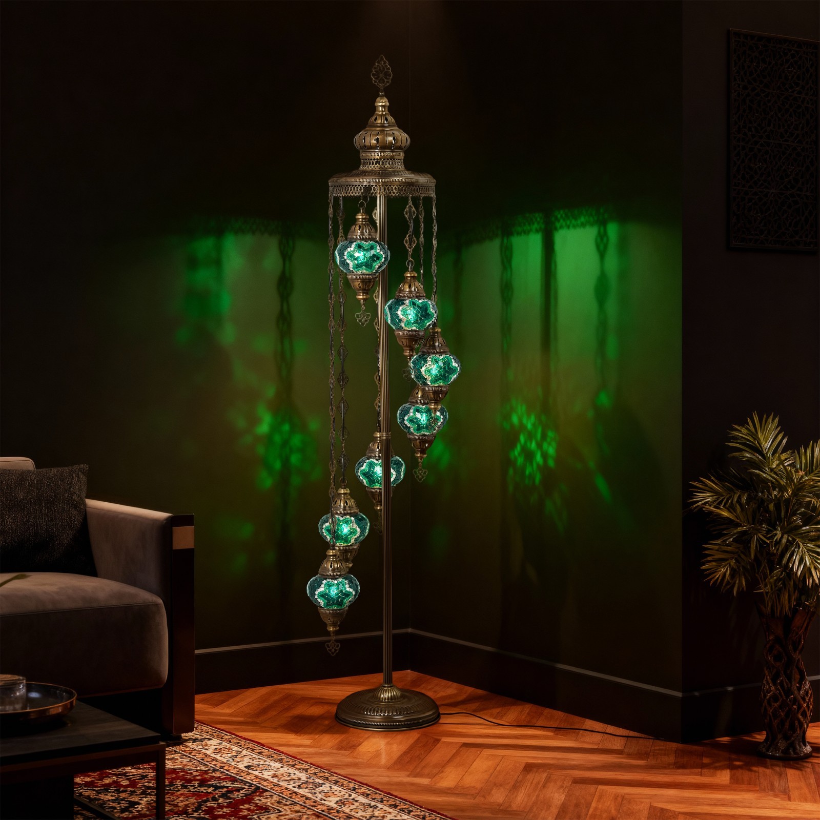 Turkish Mosaic Floor Lamp 7 Globes – 63” Tall Handmade Lamp with Bulbs Included