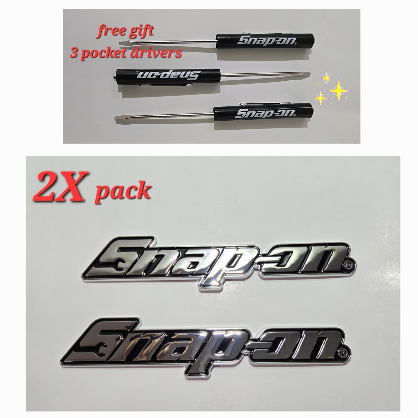 2PK SNAP ON TOOL BOX LOGO EMBLEM Chrome Plastic Badge Decal 8" + 3 Black Drivers