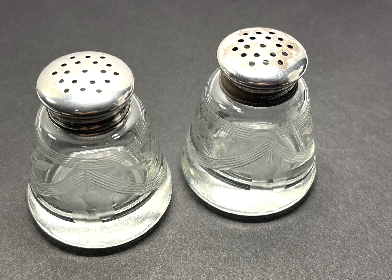 Etched Hand-Blown Glass Salt & Pepper Shaker Set Sterling Silver Tops - Vintage