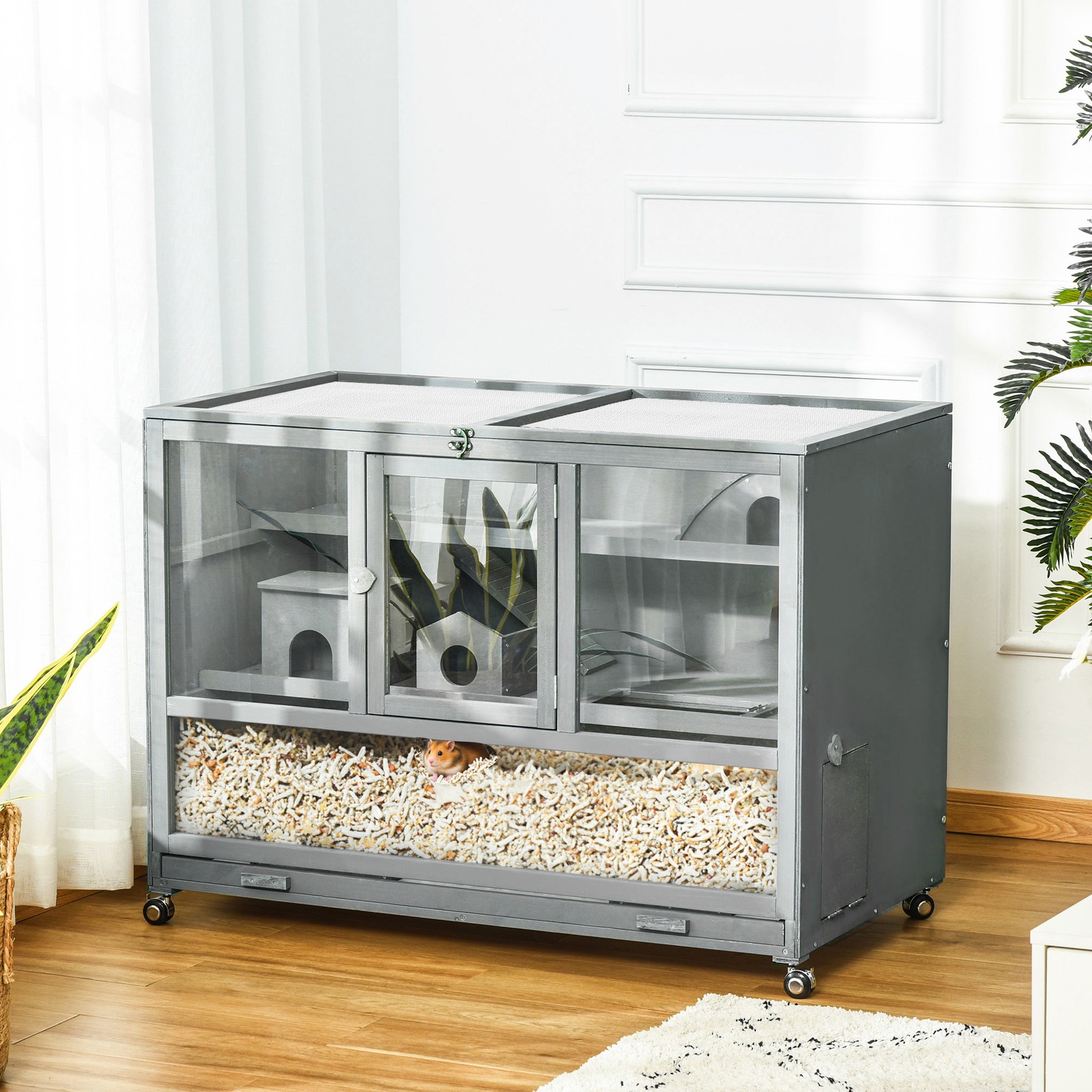 Large Wooden Hamster Cage with Wheels and Seesaw, Small Animal Cage and Habitat