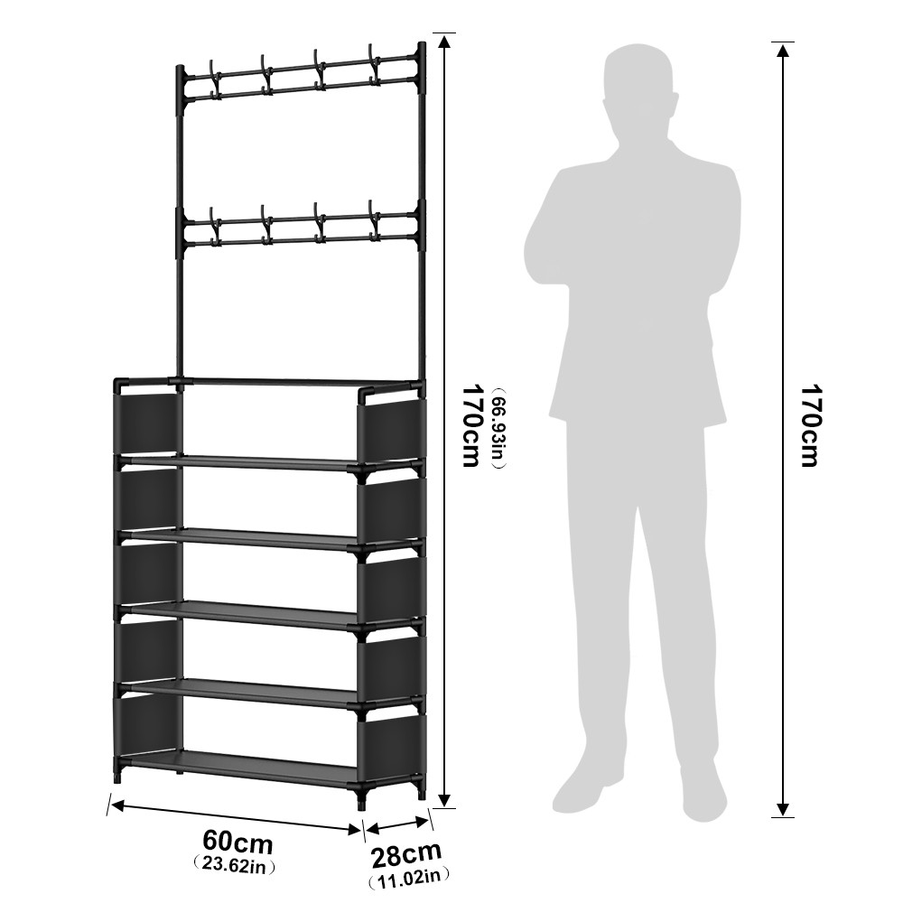 Coat Rack with Shoe Storage,5-Tier Shoe Rack and 8 Clothes Hooks Coat Rack Black