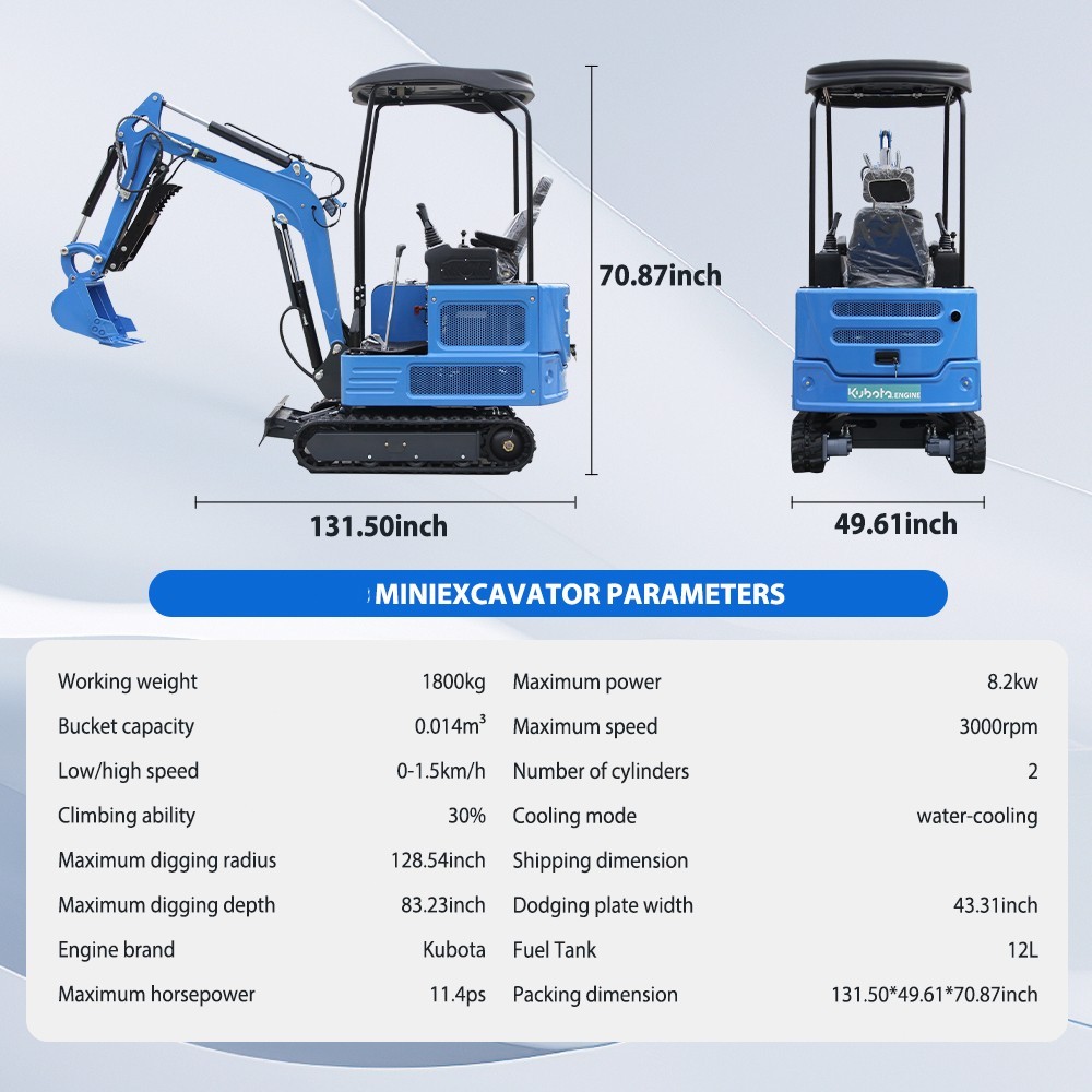 1.8 Ton Mini Excavator Hydraulic Diggers with KUBOTA Diesel Engine EPA PICK UP