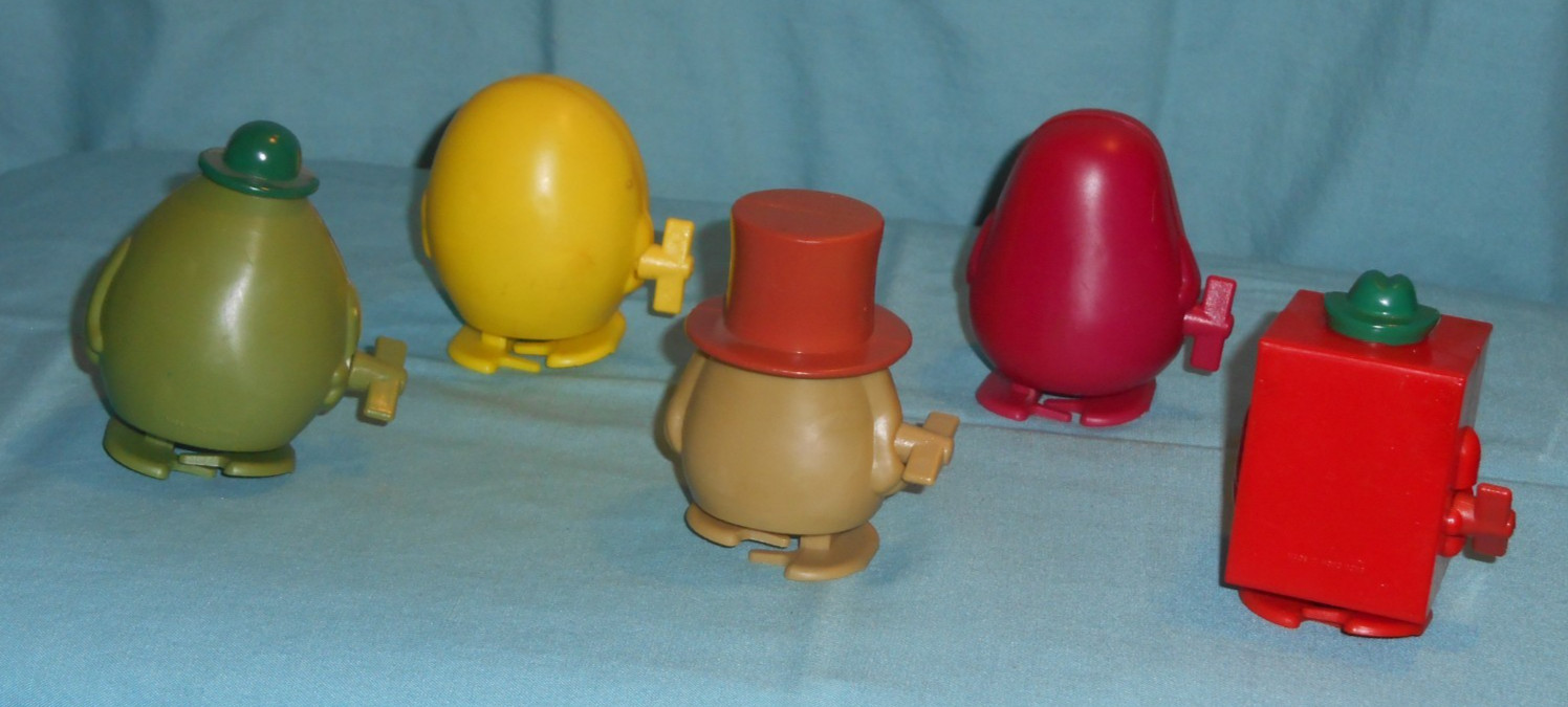 vintage Helm MR. MEN wind-up walking toys lot Mr. Slow Greedy Happy Silly Strong