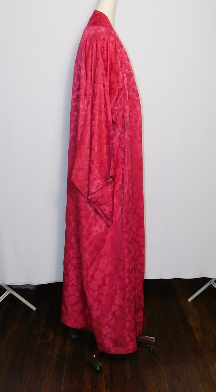 Vtg Womens Fuchsia Pink Floral Silk Damask Full Length Kimono Robe Nightwear