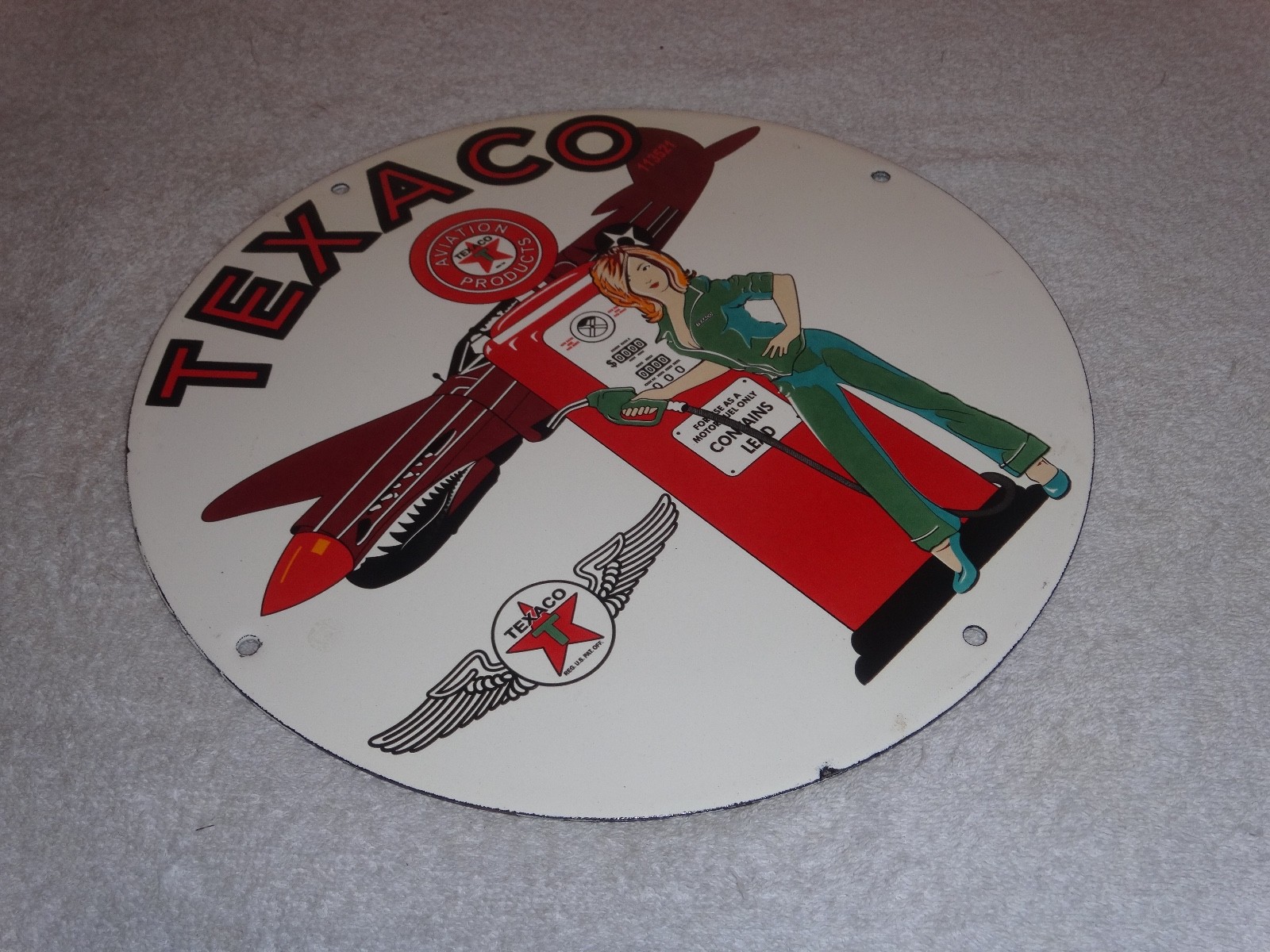 VINTAGE TEXACO AVIATION FEMALE MODEL WW2 AIRPLANE 11 3/4" PORCELAIN GAS OIL SIGN