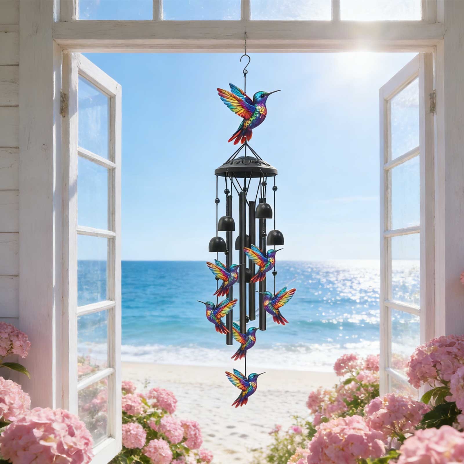 Hummingbird Wind Chimes Outdoor Garden & Yard Decor Black Aluminum Tubes Hanging
