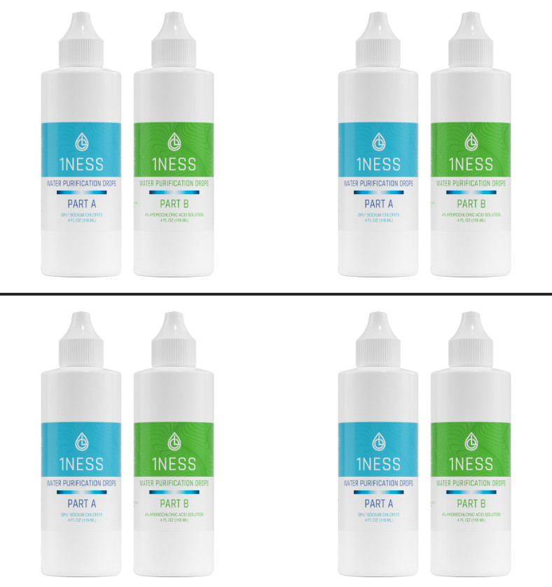 4pk 1NESS® Water Treatment Drops | 4oz BPA-Free HCL Kits for Safe Drinking