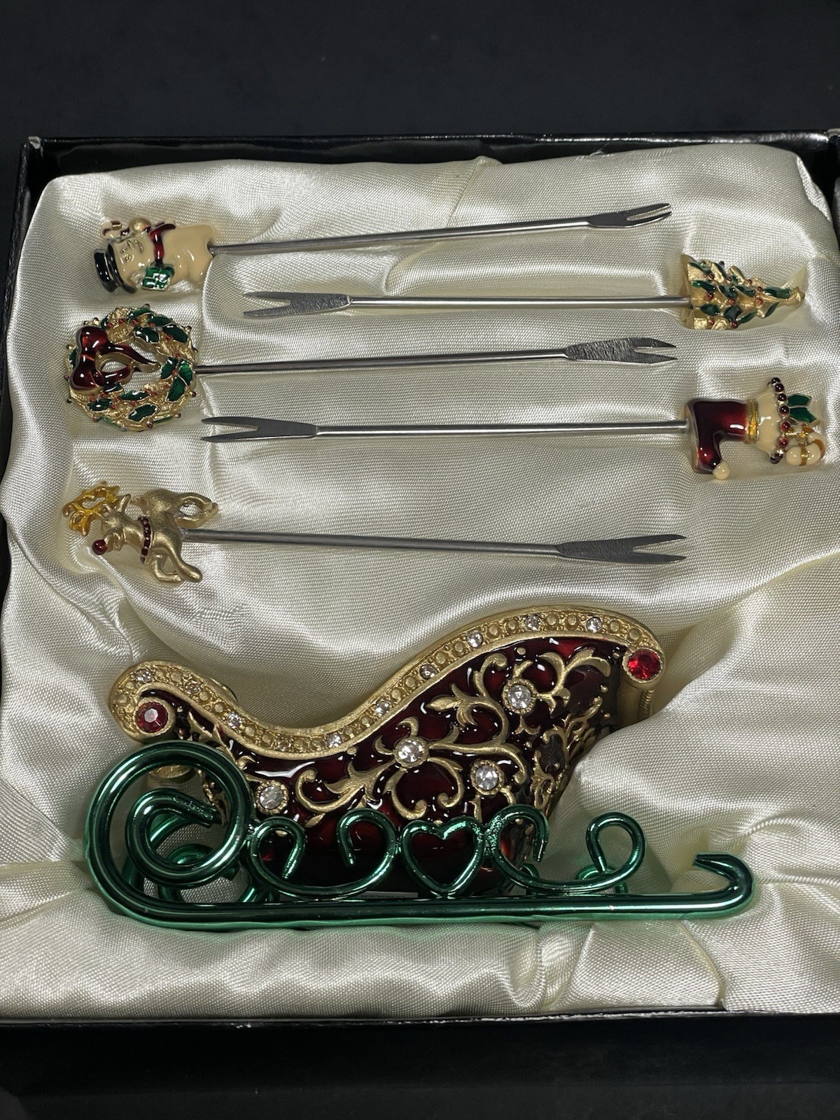 Bejeweled Bombay Christmas Sleigh w Cocktail Picks Forks Enameled In Box