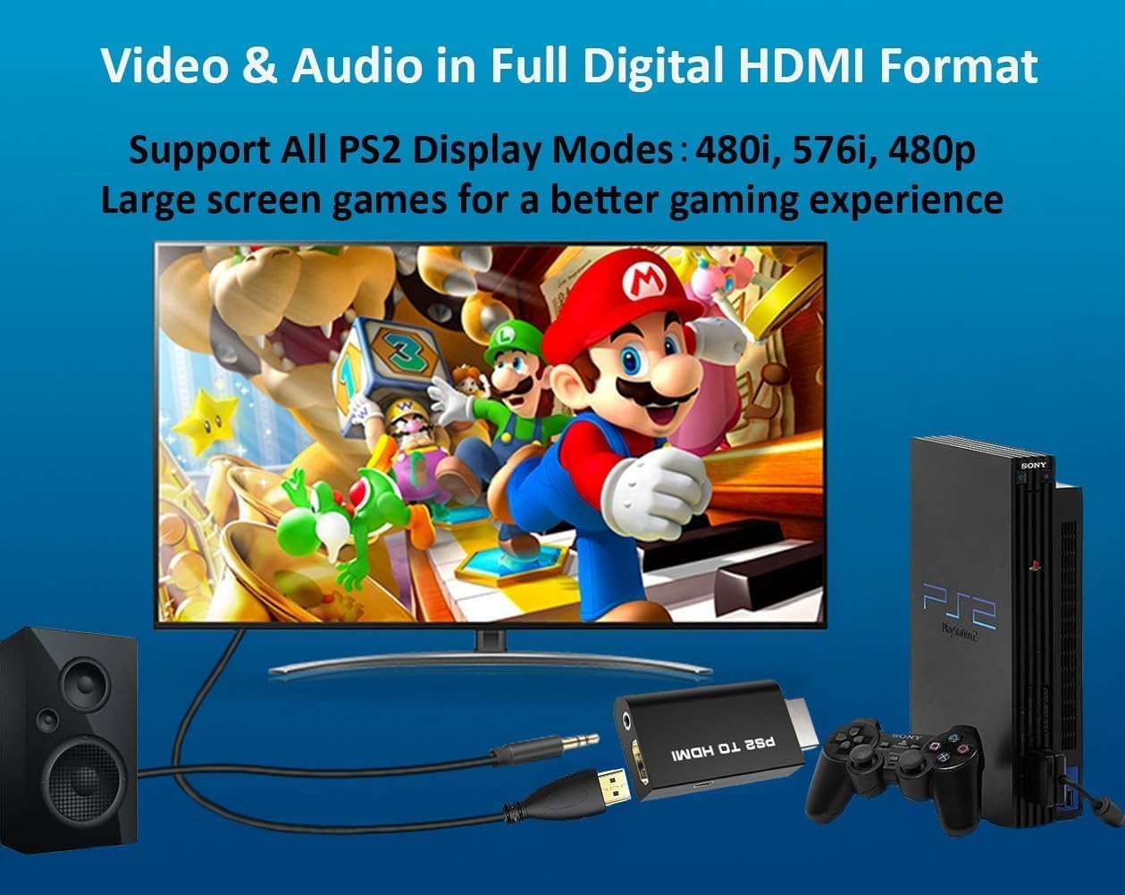 PS2 to HDMI Video Converter Adapter with 3.5mm Audio Output for HDTV Monitor US