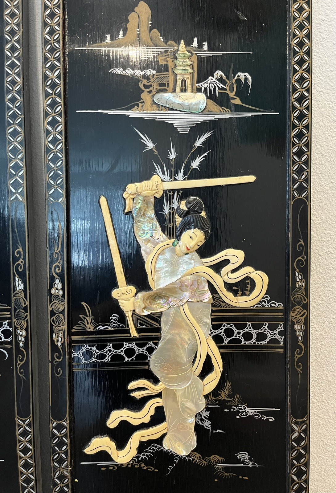 VTG 5 Asian Oriental BLACK Lacquer Mother of Pearl Wall Panels 36H x 11,5W, 30”