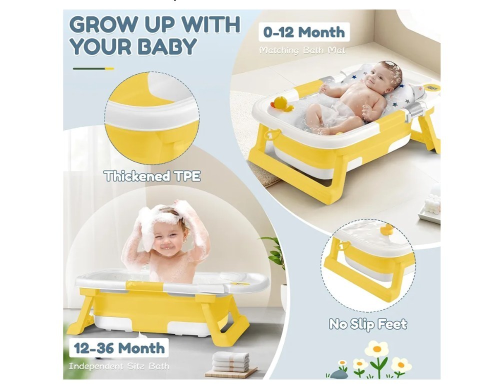 Collapsible Baby Bathtub Portable Foldable Thermometer Cushion for 0-36 Months