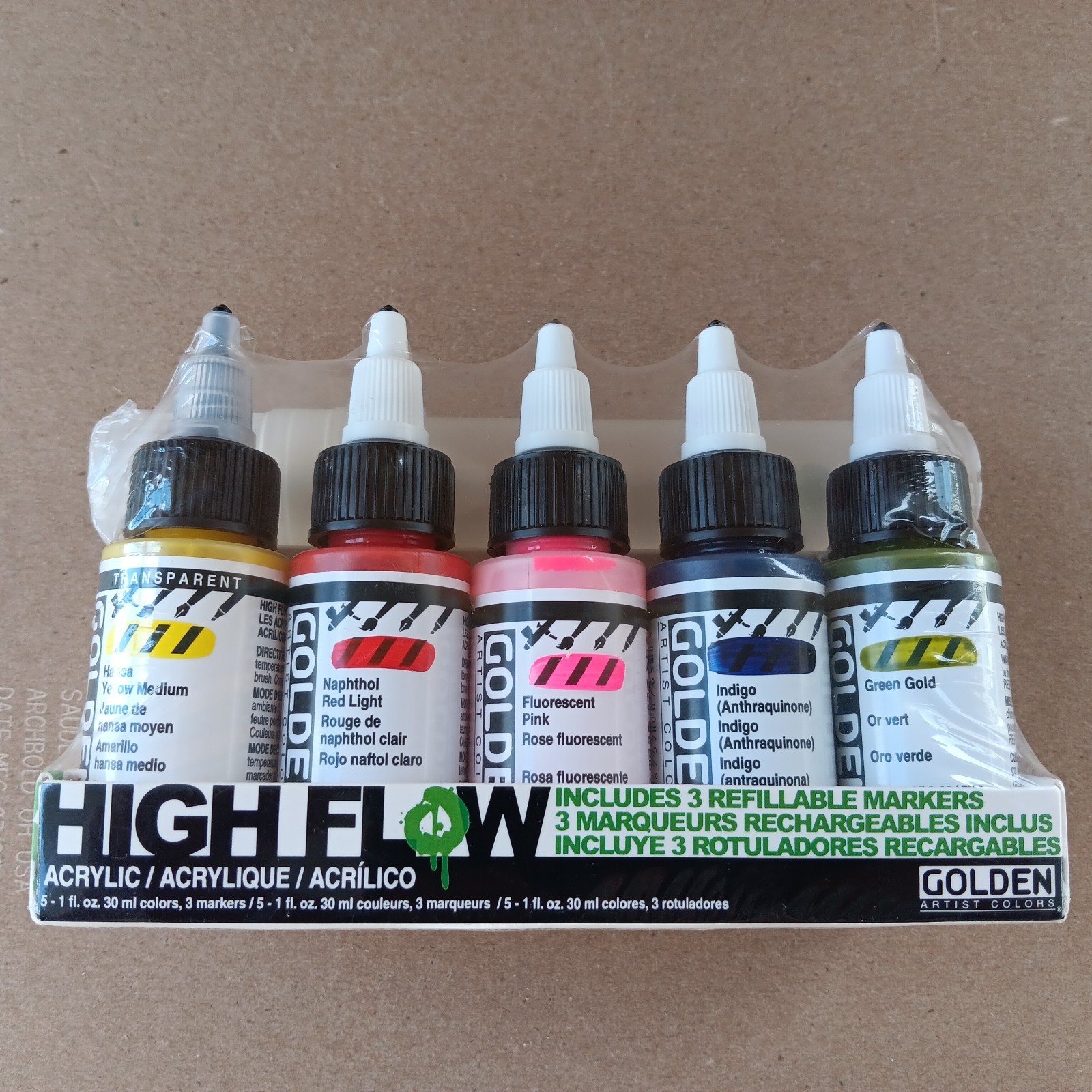 GOLDEN ACRYLIC SET HIGH FLOW 5 COLORS & 3 REFILLABLE MARKERS