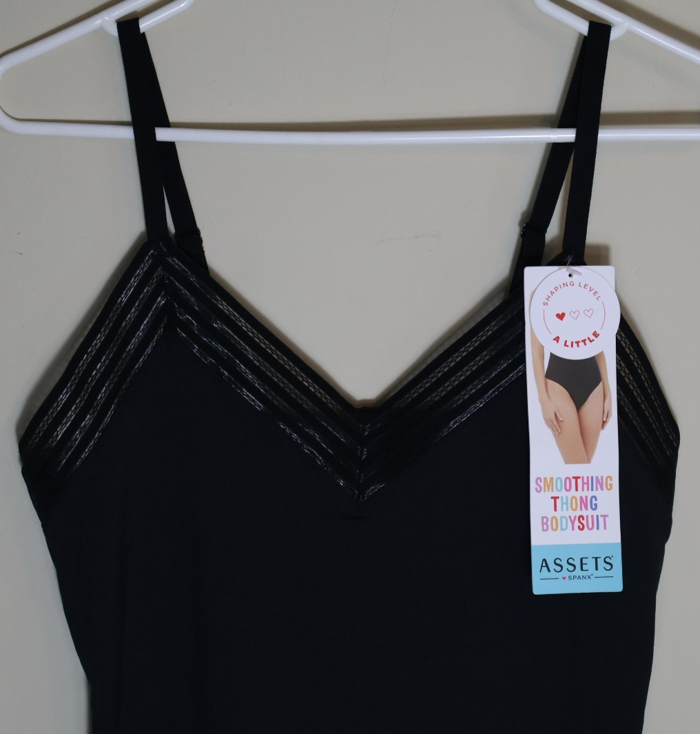 ASSETS by SPANX Women's Lace Trim Thong Bodysuit - Black XL NWT