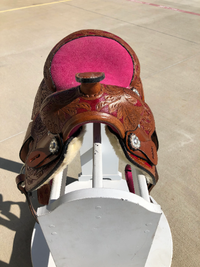 Youth Western Barrel Saddle | Floral Tooled | 8 " -Pink/Purple/Turquoise/Brown