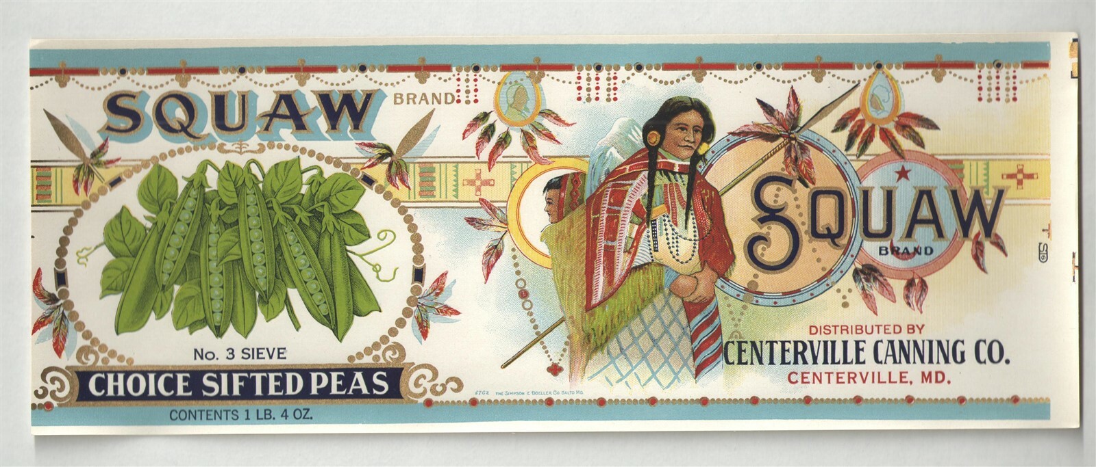 VINTAGE SQUAE BRAND PEAS { INDIAN GRAPHIC } UNUSED CAN LABEL LARGE 4 1/2" x 11"