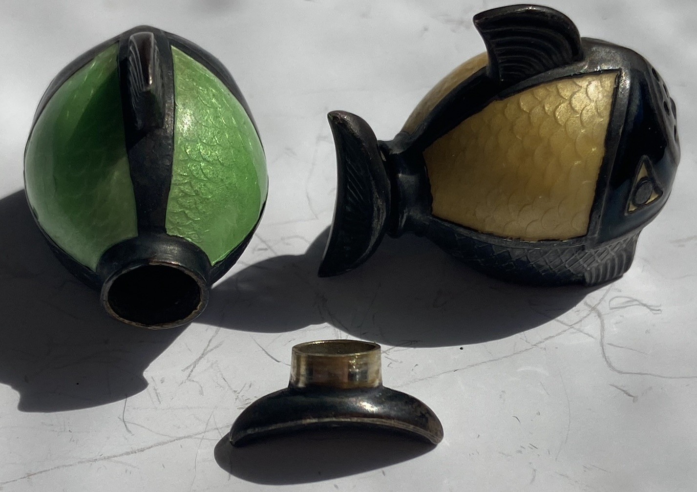 Sterling Silver Guilloche Enameled Norwegian Fish Salt And Pepper Antique 925.