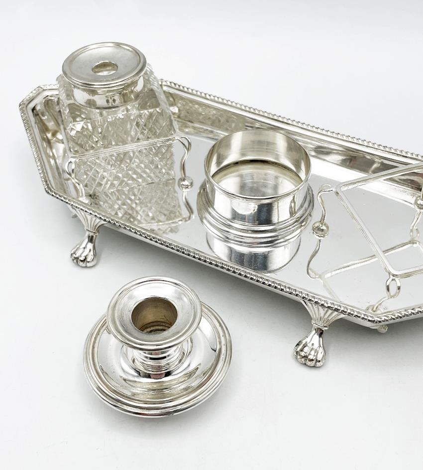 DESK INKSTAND SILVER PLATED ANTIQUE LION PAW FEET