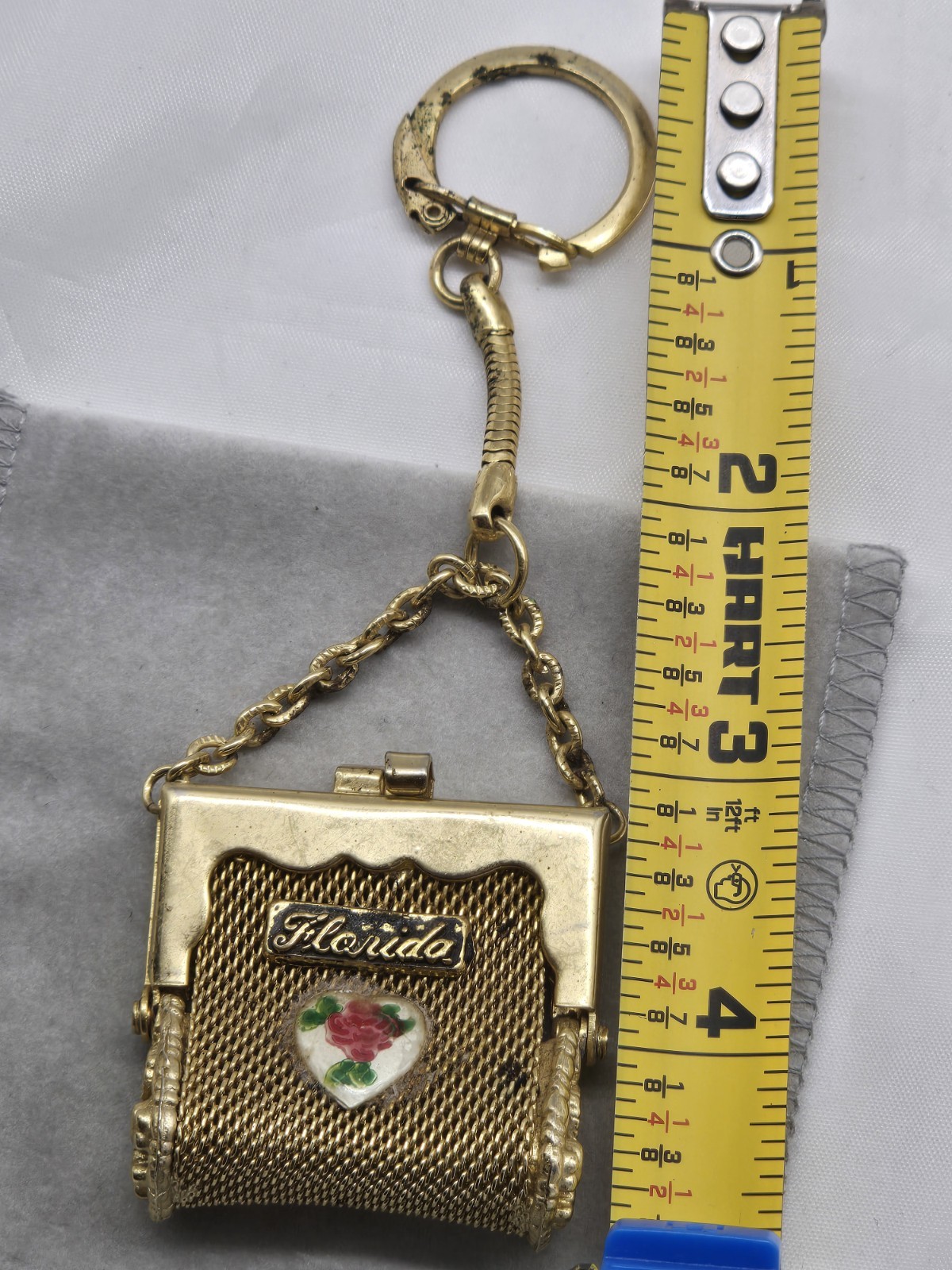 Vintage Florida State Souvenir Mini Mesh Coin Purse Keychain Goldtone Metal