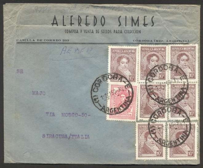 1950 Argentina To Italy Siracusa Airmail Cover Multiple Franking With 8 Stamps