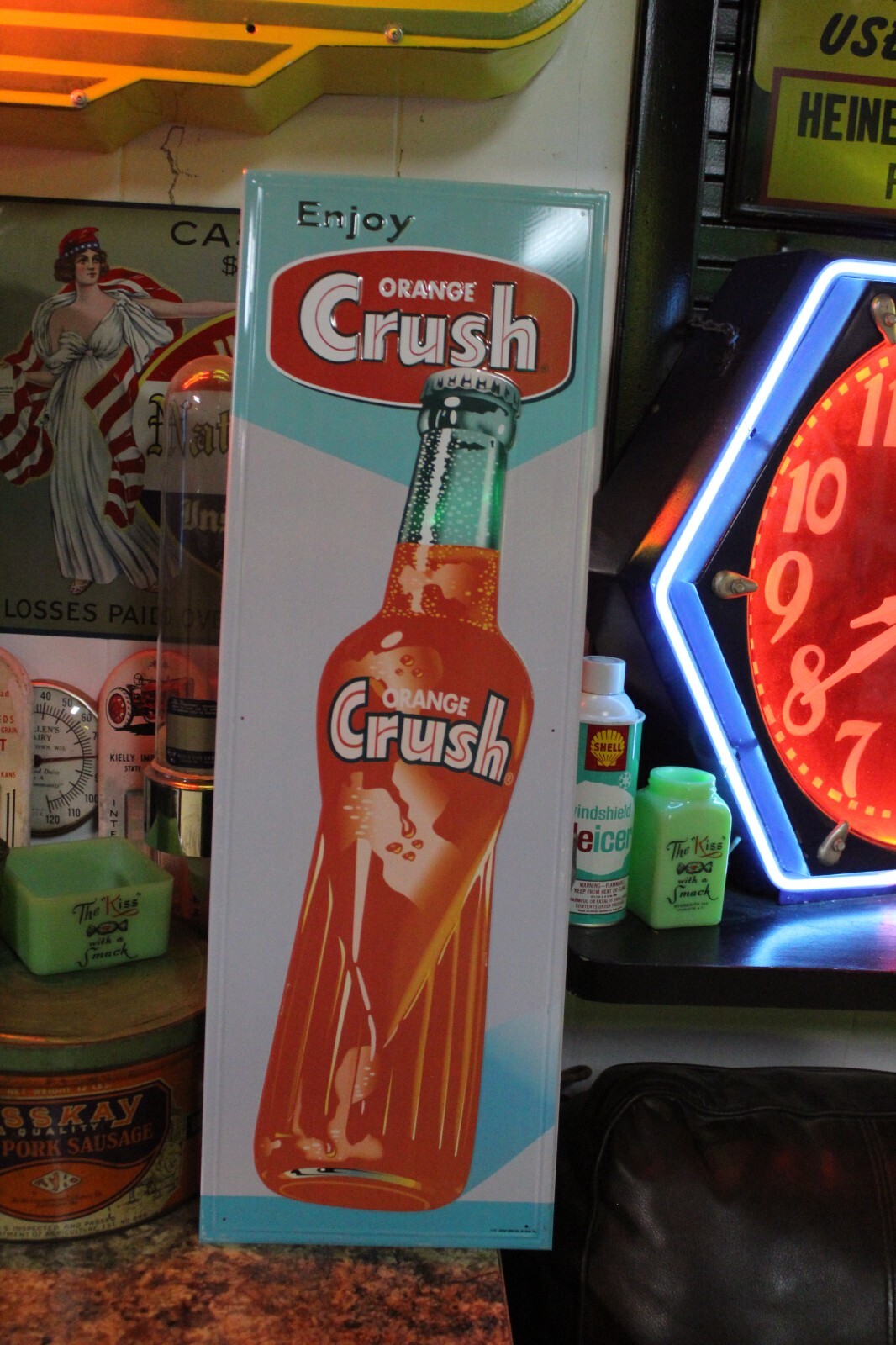 RARE ENJOY ORANGE CRUSH SODA POP VERTICAL EMBOSSED METAL SIGN BOTTLE STORE GAS