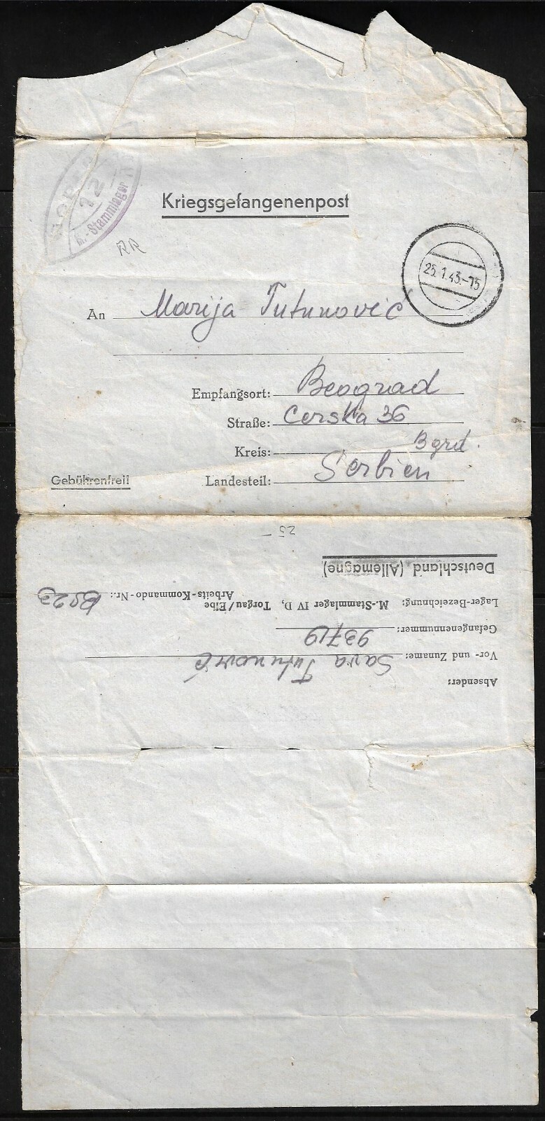YUGOSLAVIA GERMANY 1943 SERBAN POW FOLDED LETTER FROM SAVA TUTONOVIC TO BELGRAD