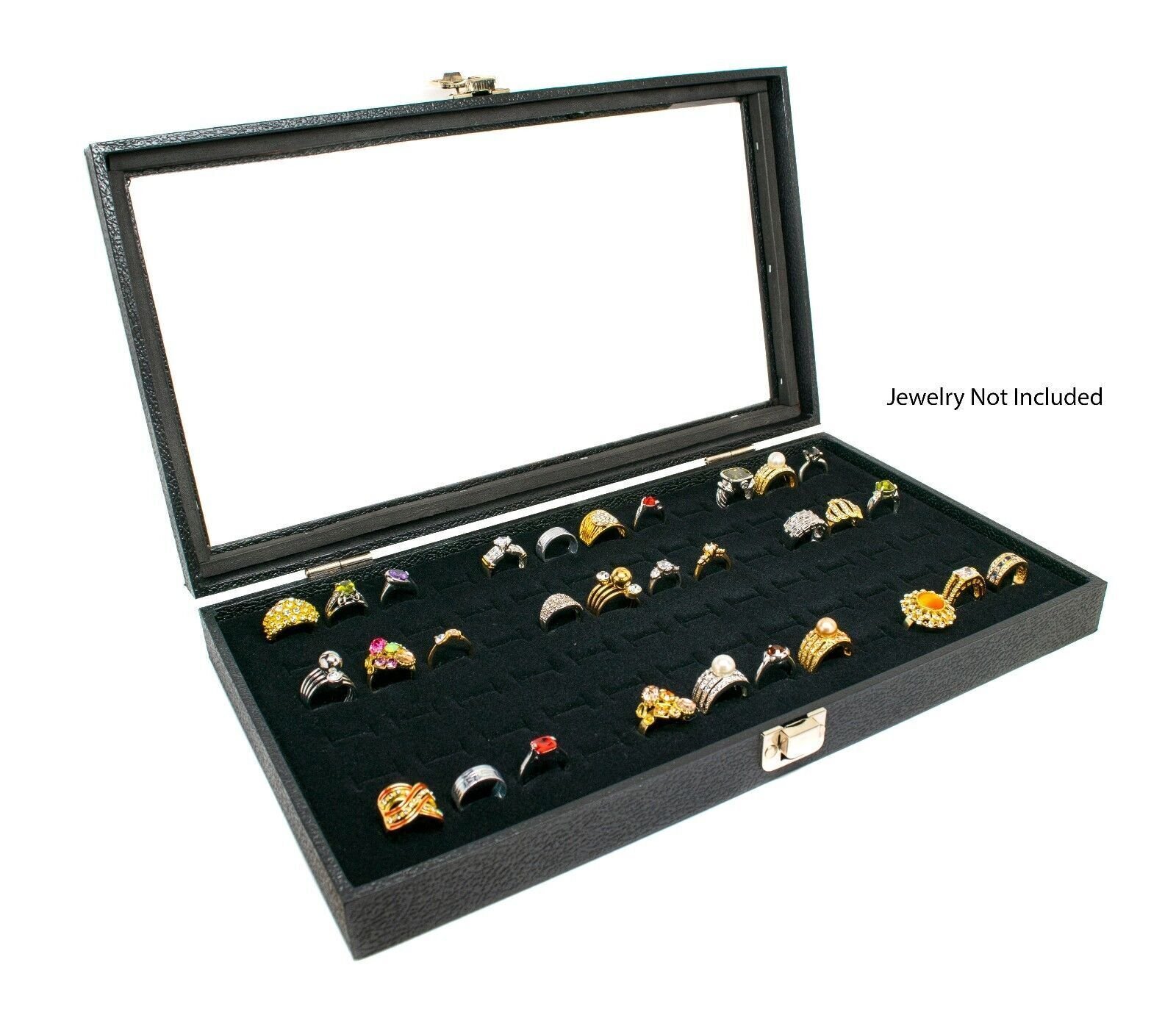 Novel Box Glass Top Black Jewelry Display Case With 36 or 72 Foam Ring Inserts