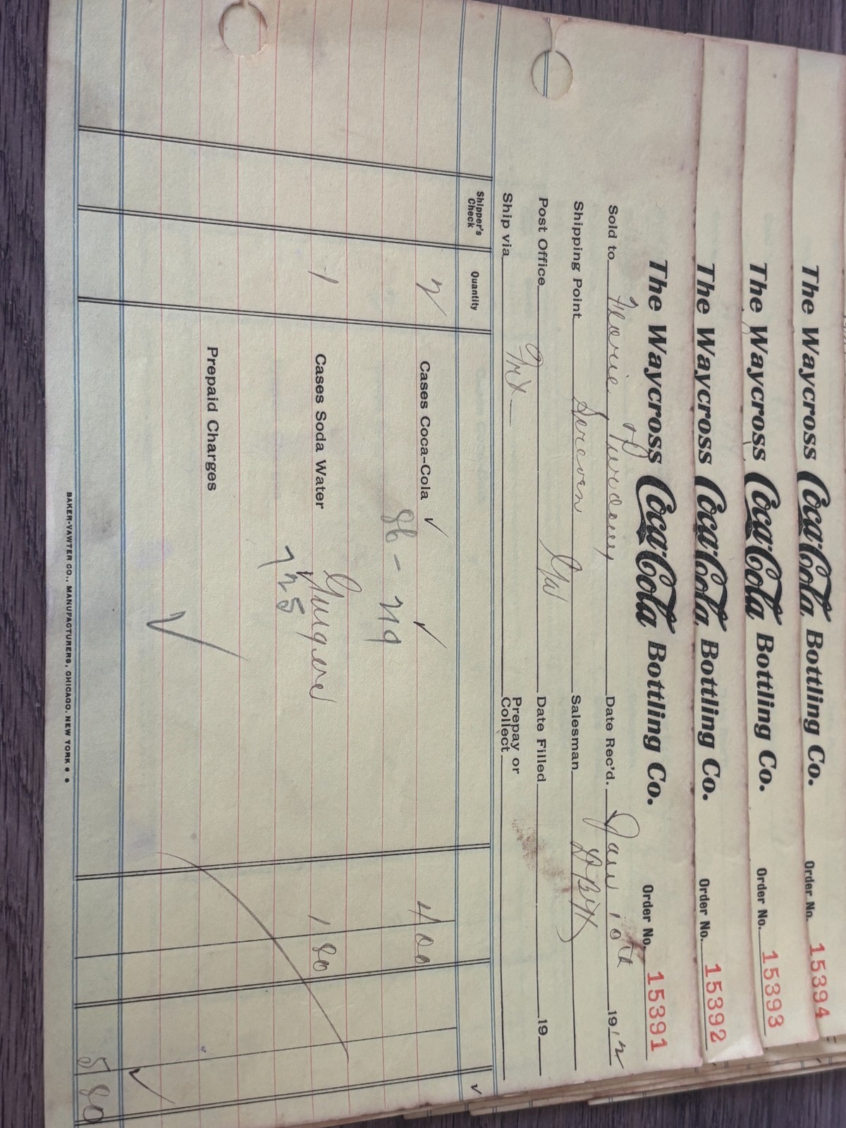 15 - 1912 - Waycross Georgia - COCA COLA Bottling Co. - Sales Order Documents