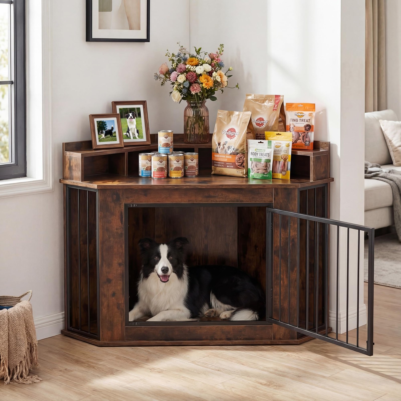 Corner Dog Crate Furniture Wooden 2-Tier Storage Shelves Anti-Chew TV Stand