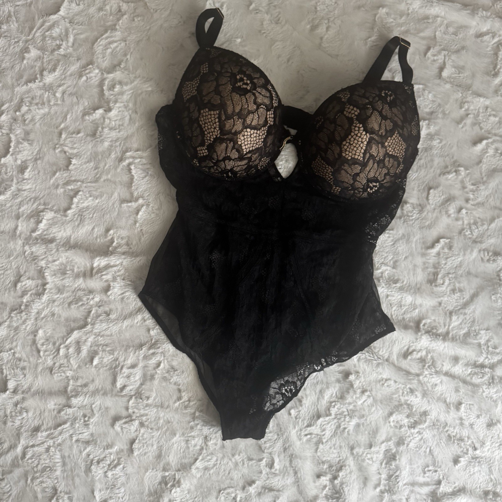 Rachel Roy Black Lace Lingerie Padded Cups Adjustable Thong 2XL