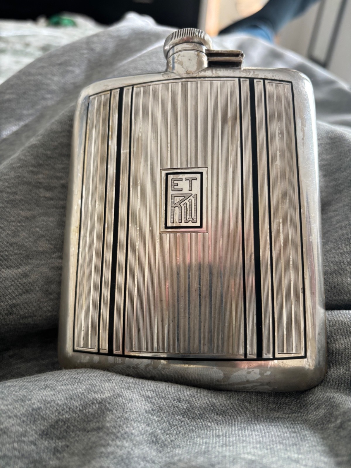 Sterling Silver Flask Black Tuxedo Stripe Design