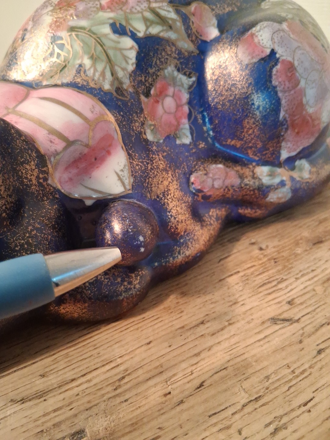 Vintage Asian Sleeping Cat 9.5" Floral Gilded Ceramic Porcelain Hand Painted