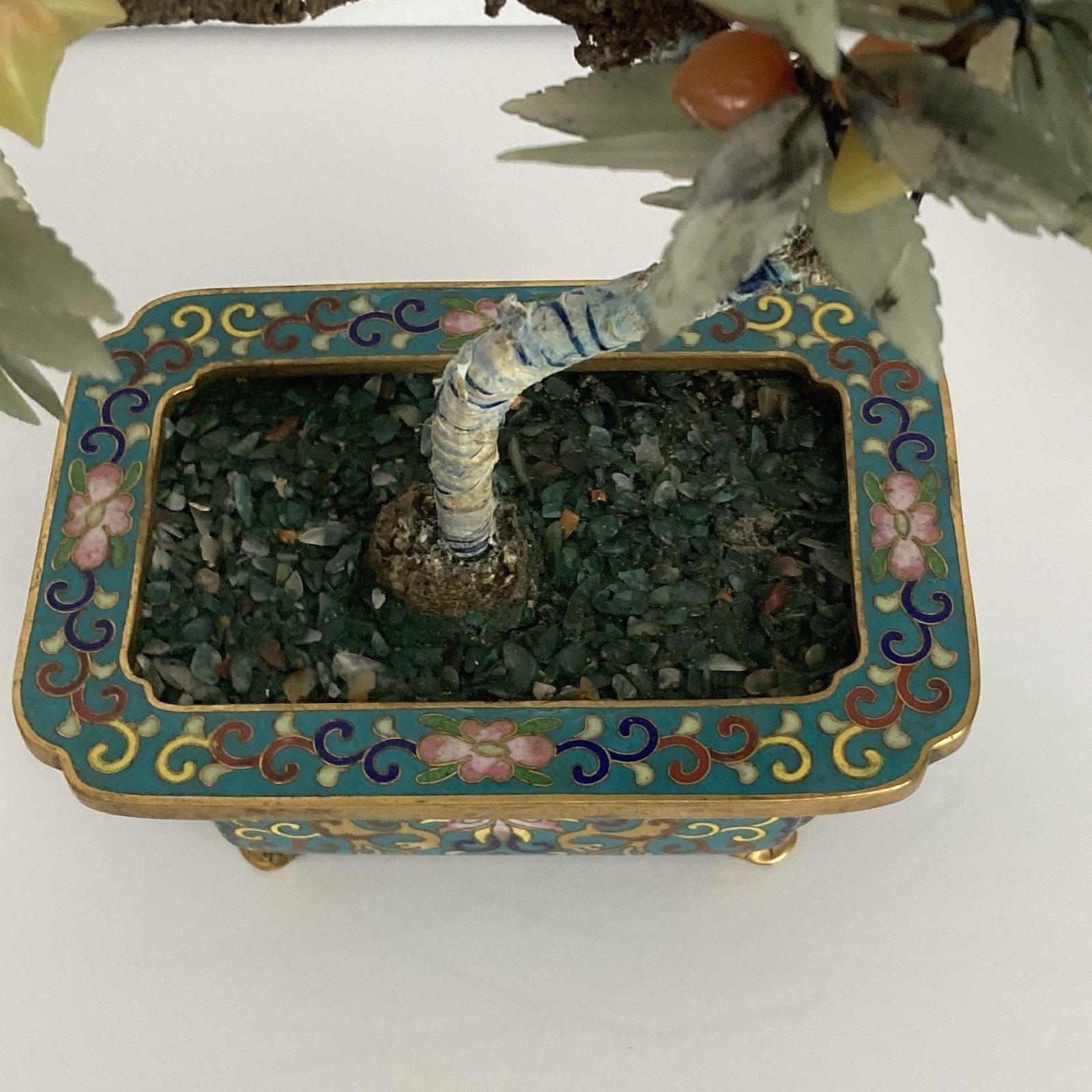 Pair Antique Chinese Jade Bonsai Tree in Cloisonne Pot w Amethyst Carnelian VTG