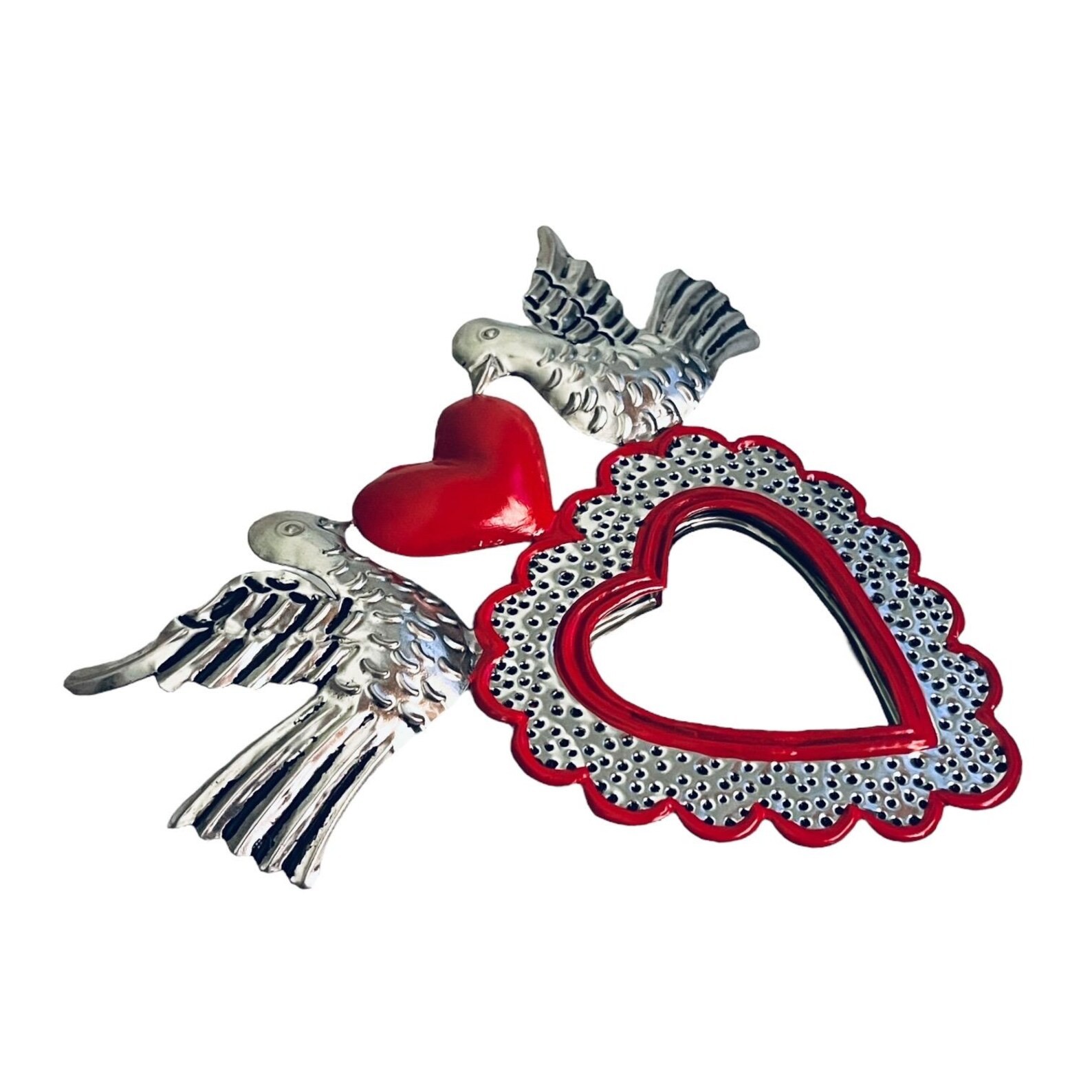 Tin HEART MIRROR, Small Corazon with Doves, Sacred Heart, Mexican Punched Tin