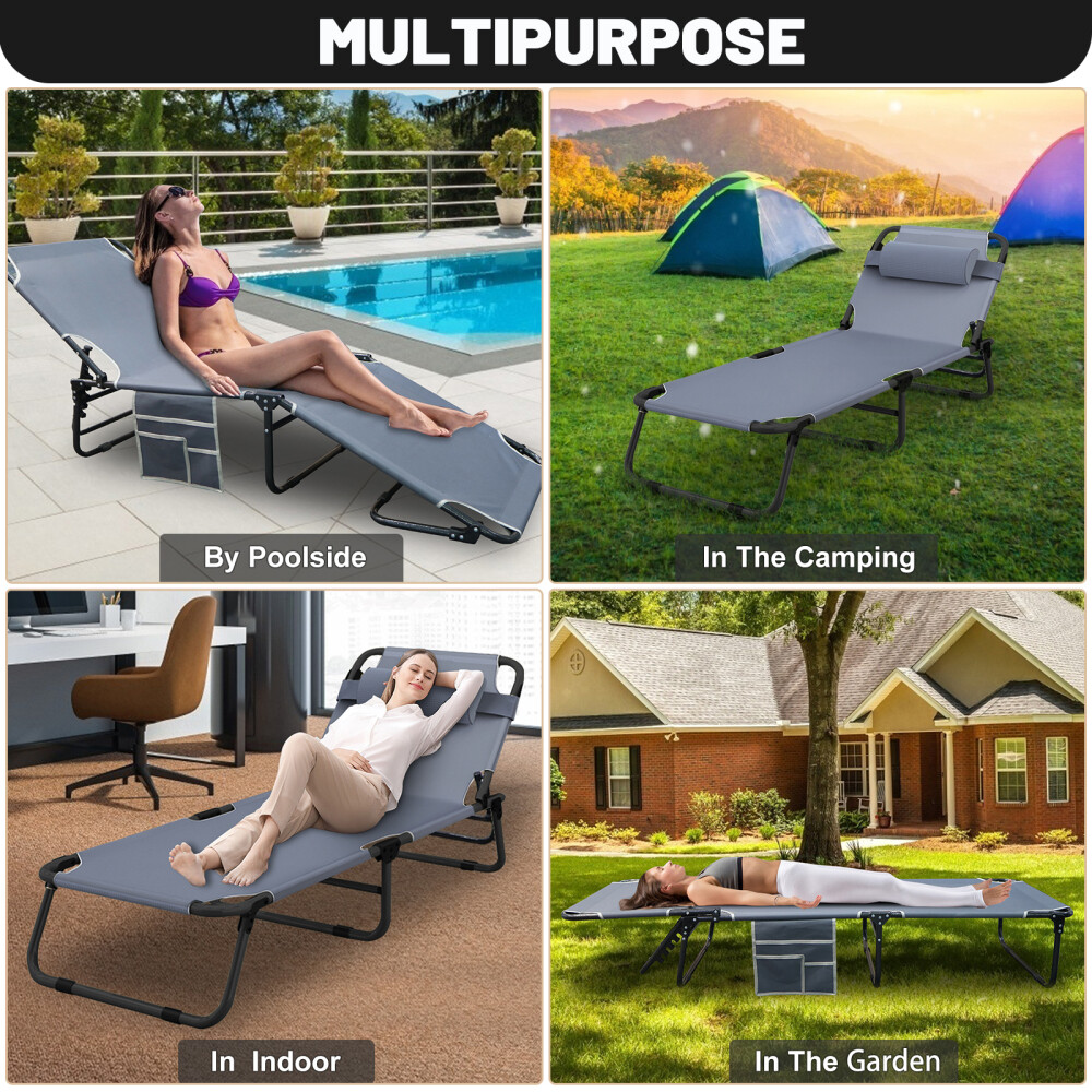 Slsy Folding Camping Cot 4-Position Outdoor Chaise Lounge Gray Pad Side Pockage