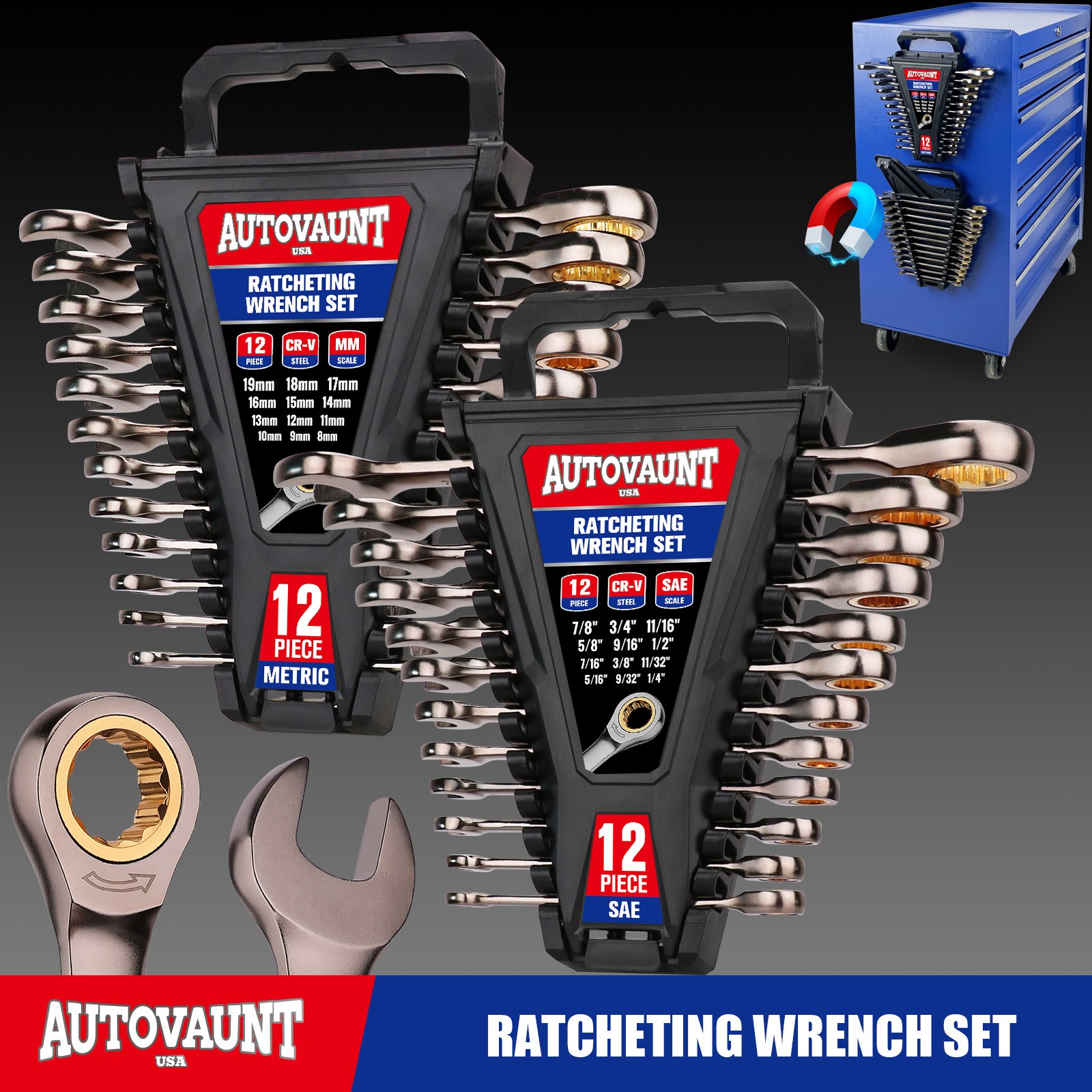 24/12PC Ratcheting Wrench Set Metric & SAE with Organizer 8-19 mm & 1/4" to 7/8"