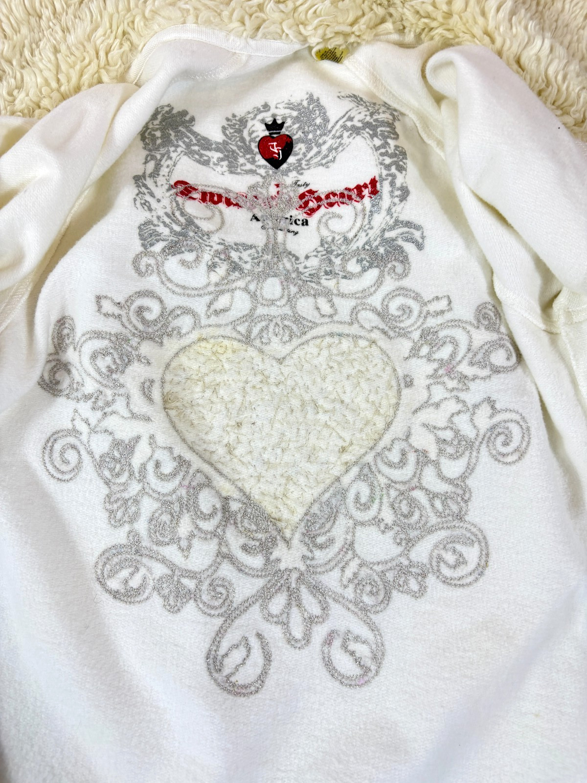 TWISTED HEART BEADED HEART Embroidered Zip Up Faux Fur Trim Hoodie Sz XS NWT