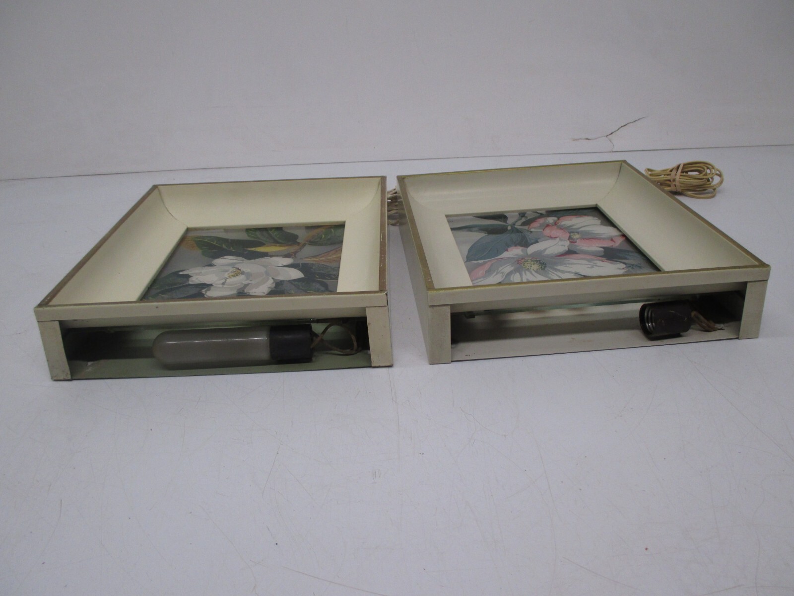 2 Vtg Reverse Painted Glass Floral George Telo Shadow Light Box Lighted Wall Art