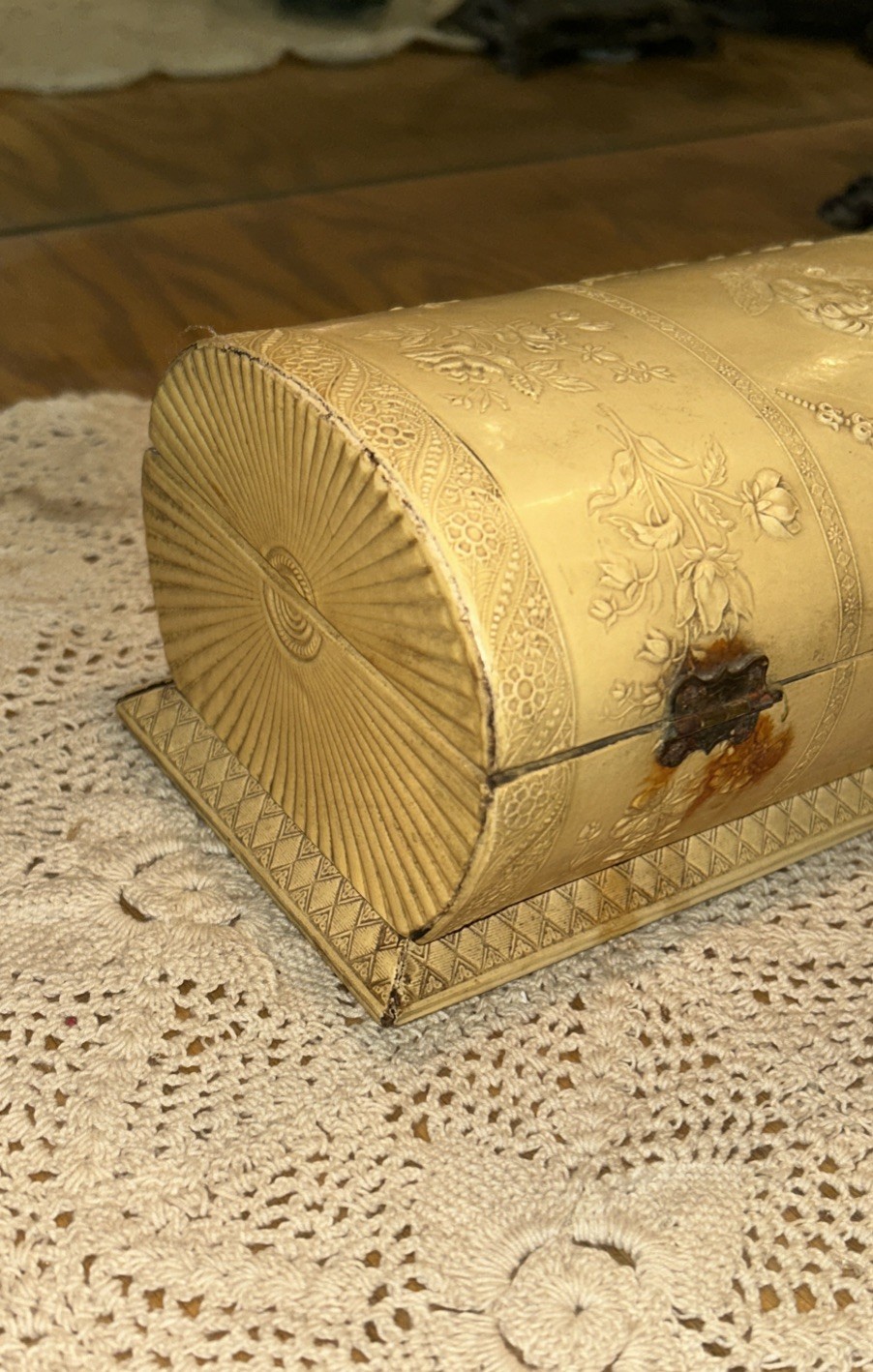 Antique Jewelry Box Engraved Angel Celluloid Wrapped Wood 9x 3.75 Oval Quite Old