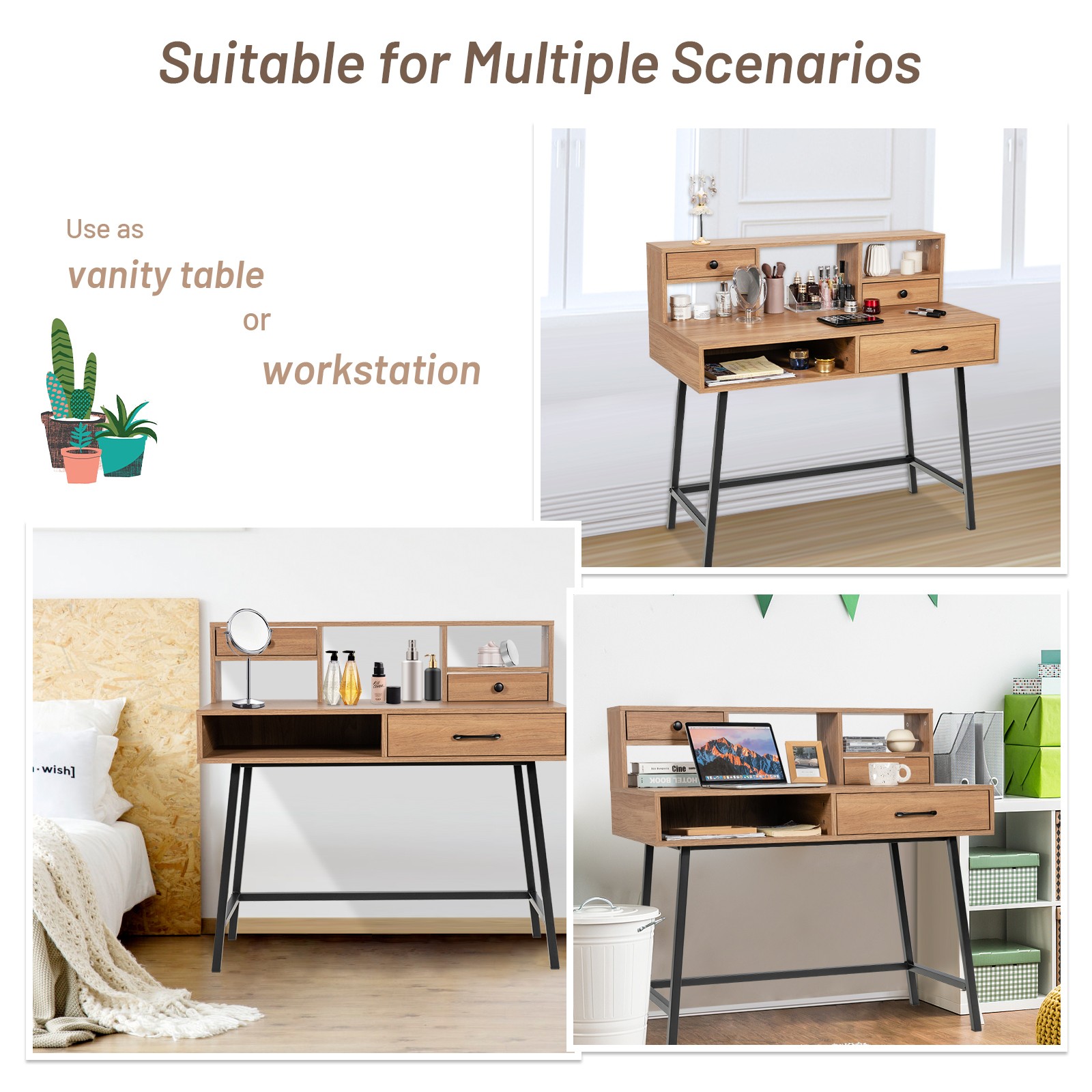 Computer Writing Desk Storage Makeup Vanity Table with Drawer Shelf Industrial